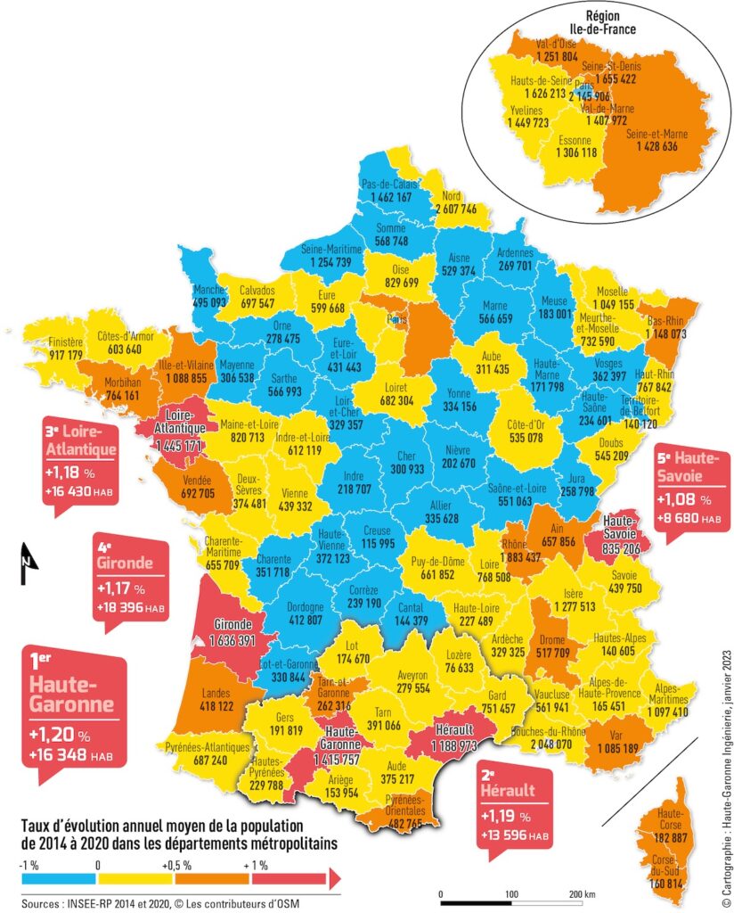 Évolution de la population dans les départements métropolitains de 2014 à 2020